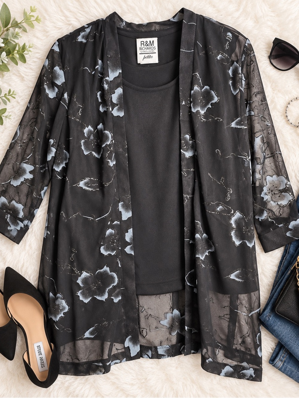 R&M Richards Petite Black Floral 2-Piece Tank & Sheer Jacket Set ms